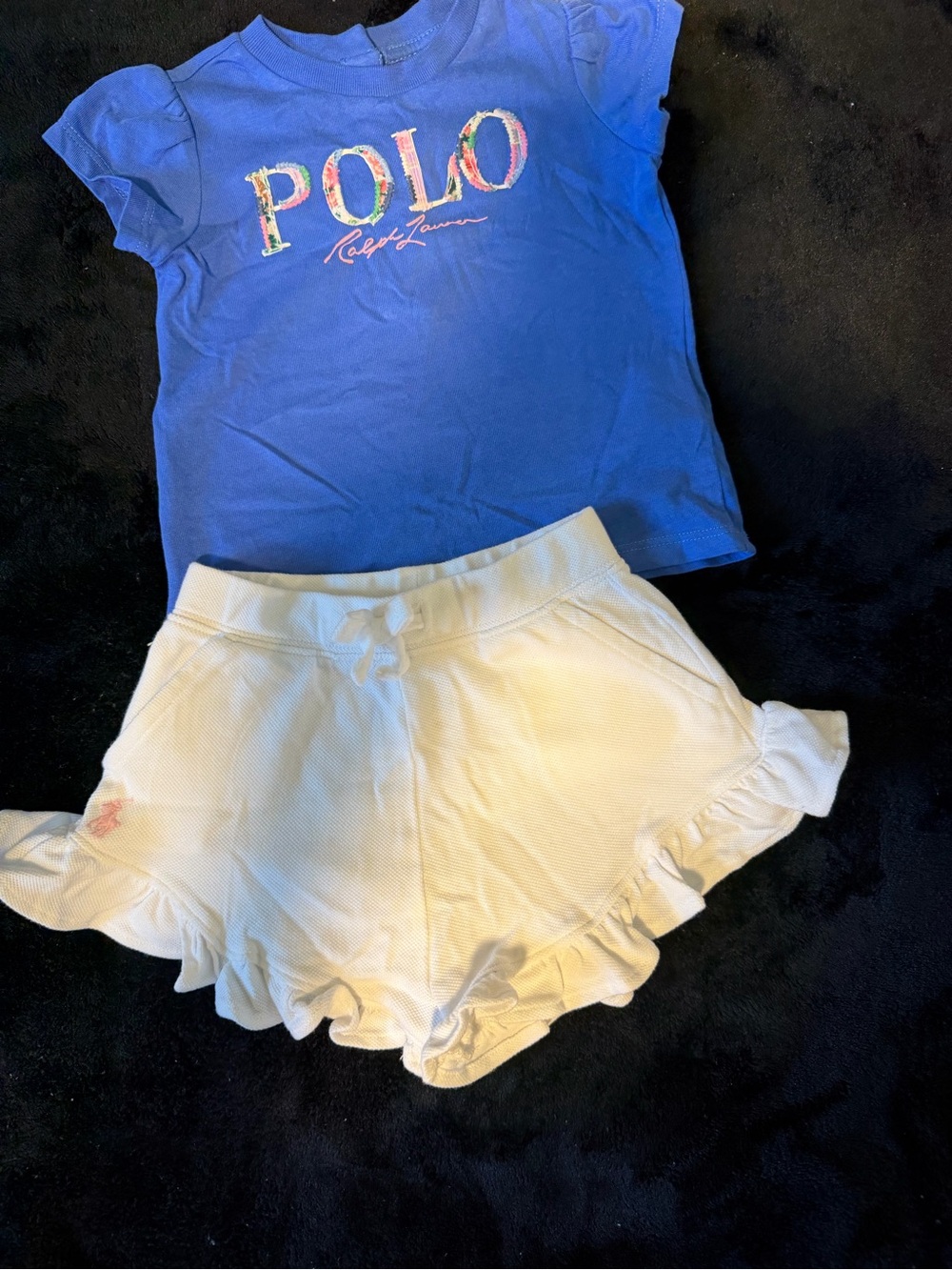 Ralph Lauren Blue Polo Logo Tee with Cream Ruffle Shorts